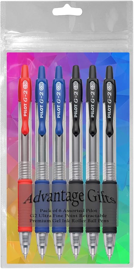 G2 Retractable Premium Gel Ink Roller Ball Pens Ultra Fine Point (.38mm) Black/Blue/Red Ink 6 pack; Refillable & Premium Comfort Grip Bundle with Plastic Reusable Pouch