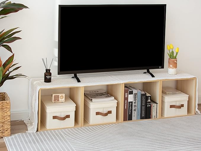 StorageWorks Storage Bins with Lids, Decorative Storage Boxes with Lid and PU Handles, Foldable Storage Baskets for Closet, Shelves, Stackable, Ivory White, Medium, 3-Pack