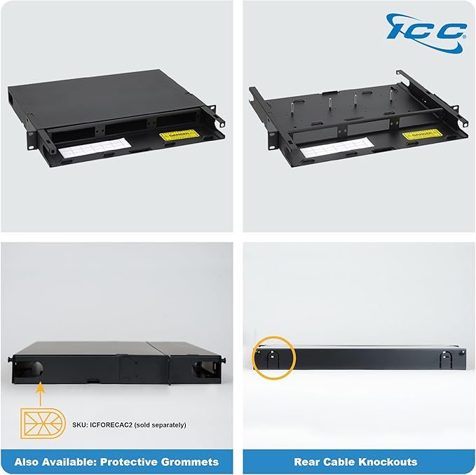 ICC 1U Fiber Optic Rack Mount Enclosure - 3 Slots for LGX Compatible Adapter Panels or Cassettes, Supports up to 72 Fibers, Fits 19-Inch Racks, Secure Fiber Management Solution, ICFORE31RM