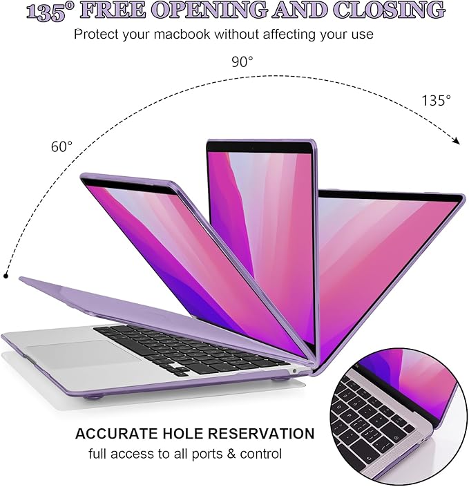 Compatible with MacBook Air 13 inch Case 2021 2020 2019 2018 M1 Chip A1932 A2179 A2337, Plastic Hard Shell Case Keyboard Cover Screen Film Dust Plug for MacBook Air 13 M1, Crystal Purple