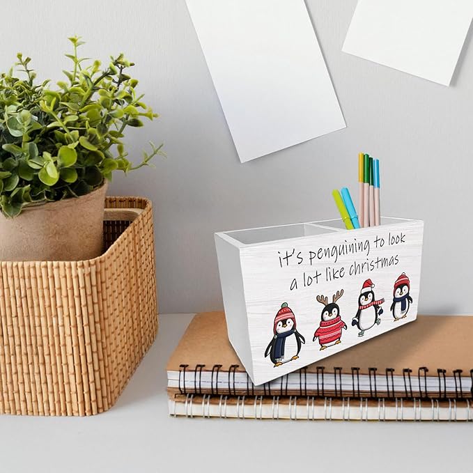 Christmas Funny Penguin Pen Holder for Desk, It's Penguining to Look Like Christmas Wooden Box Sign Desk Decor for Home Office Decoration, Holiday Xmas Pencil Organizer, Penguin Gifts