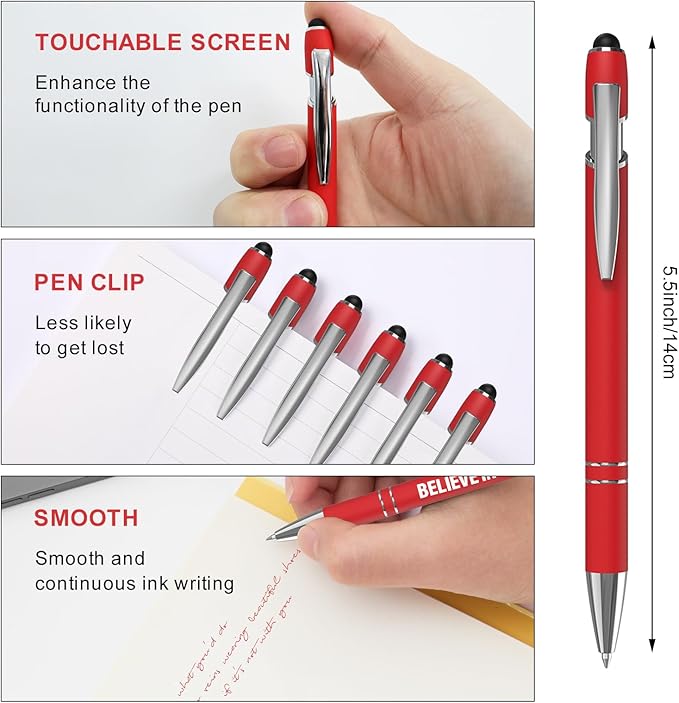 12 Pcs Red Fine Point Ballpoint Pens with Motivational Quotes and Stylus Tips