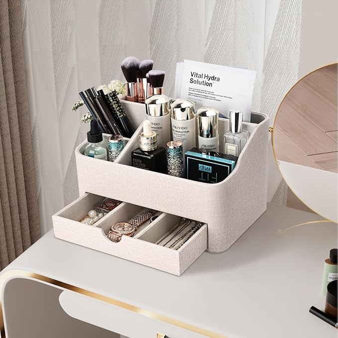 KINGFOM Desk Organizer with Drawer, Multifunction Pencil Holder for Desk, Desk Organizer and Accessories 5 Comparetments for Home Office Supplies (Beige)