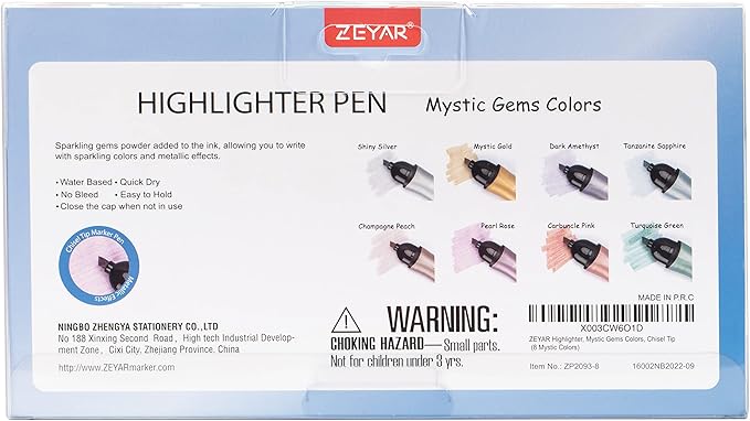 ZEYAR Aesthetic Highlighter Pen, Mystic Gems Colors, Chisel Tip Marker Pen, Water Based, No Bleed Dry Fast Easy to Hold, for Study Notes School Office (8 Mystic Colors)