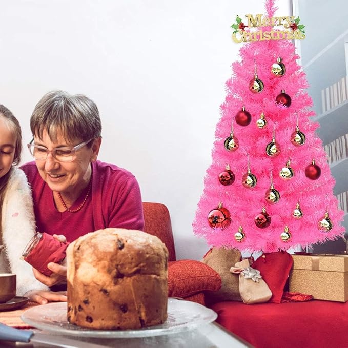 Happygrill 3FT Artificial Christmas Tree, Pink Premium Mini Christmas Tree with Stand Base, Indoor Tabletop Xmas Tree for Home Office Festival Holiday Decoration