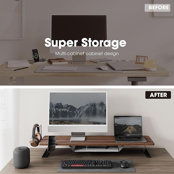 Fenge Dual Monitor Stand, 42.5 Inch Monitor Riser for Desk, Wood Desk Shelf for 2 Monitors, 2 Tier Monitor Shelf with Headphone Stand & Phone Holder