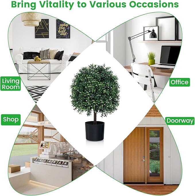 Goplus 21.5’’ Artificial Boxwood Topiary Ball Tree, Set of 2 Faux Potted Plants Artificial Shrubs Bushes with 343 White Fruits, Fake Evergreen Artificial Topiary for Home Front Porch Decor