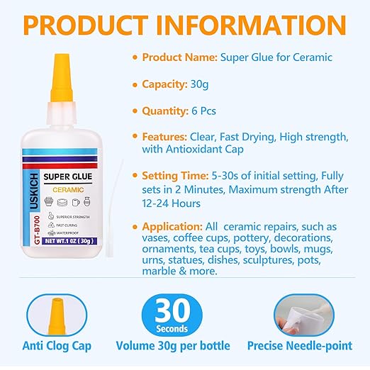 Super Glue for Porcelain and Pottery Repair with Anti Clog Cap. 6 x 1 fl oz,CA Glue - Clear Ceramic Repair Adhesivefor Dishes, Tiles, DIY Crafts, Quick Dry