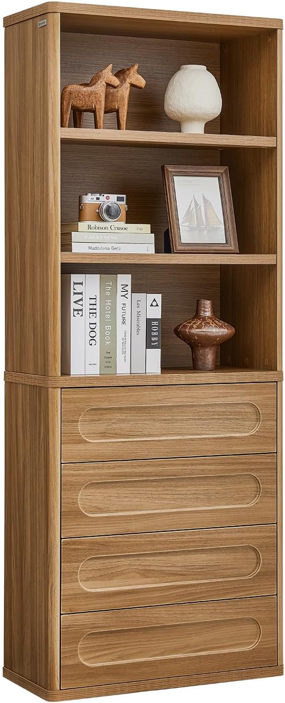 Bookcase with 4 Drawers, 72.1" Tall Bookshelf with 3 Storage Shelves, Large Bookshelves Cabinet for Living Room, Bedroom, Home Office (Oak Brown)