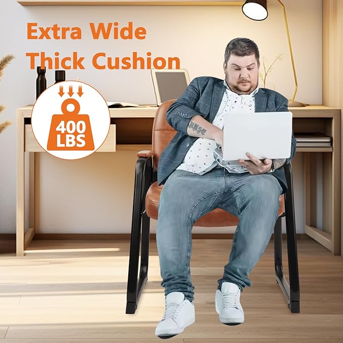 CLATINA Big & Tall 500 lbs Waiting Room Chairs with Padded Armrests and Sled Base, Leather Stationary No Wheels Office Guest Chair for Reception Lobby Home and Meeting Conference, Brown (8 Pack)