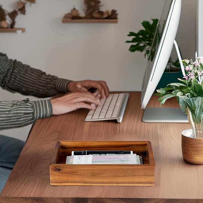 Demigo Acacia Wood Desk Organizer Tray - 9.5x6.7x2 Inch Letter & Stationery Holder for Office, Entryway, Desktop - Natural Wood Catchall for Pens, Mail, Keys