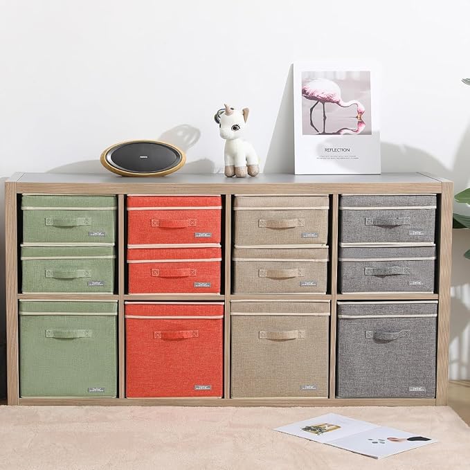 YueYue Cloth Foldable Fabric Bins Box Storage - 2 Pack 12.4 X 12 X 6.7 Inch Storage Bins With Lids Organizer Basket Gray - Bins Storage Shelves Closet Boxes Pack Collapsible