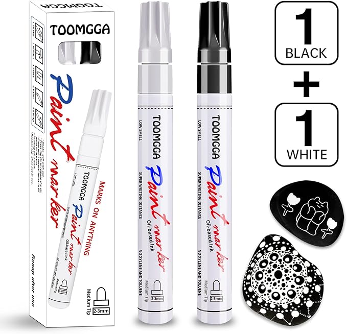 White and Black Permanent Markers Paint Pens-2 Pack Oil Based Paint Markers, Medium Tip, Quick Drying Pens for Wood, Metal, Rock Painting, Mugs, Canvas, Clothes, Plastic Marking