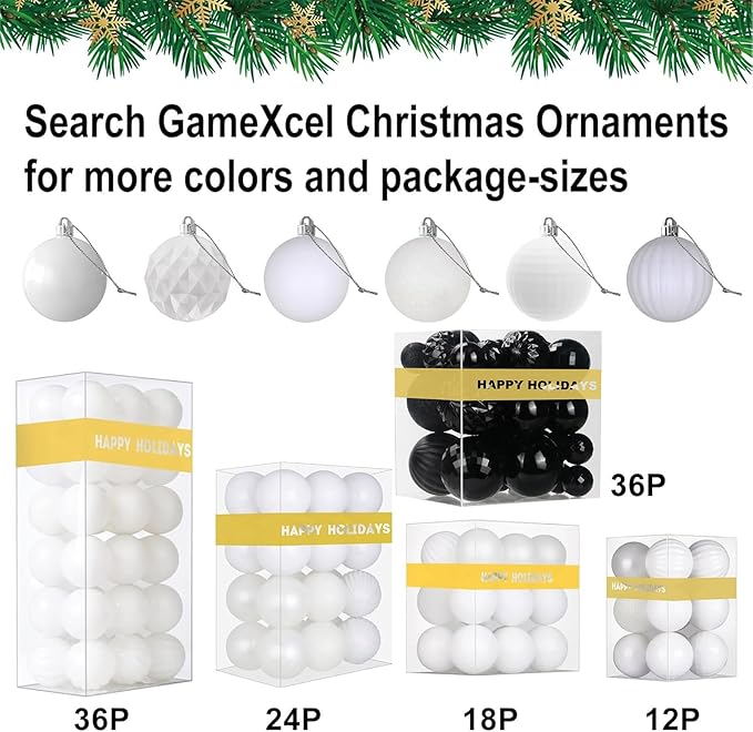 White Christmas Ornaments - Christmas Tree Decorations Shatterproof Hanging Balls for Birthday Wedding Holiday Decor Set of 36pcs, Multi-Sizes(1.6",2.5",3.2")