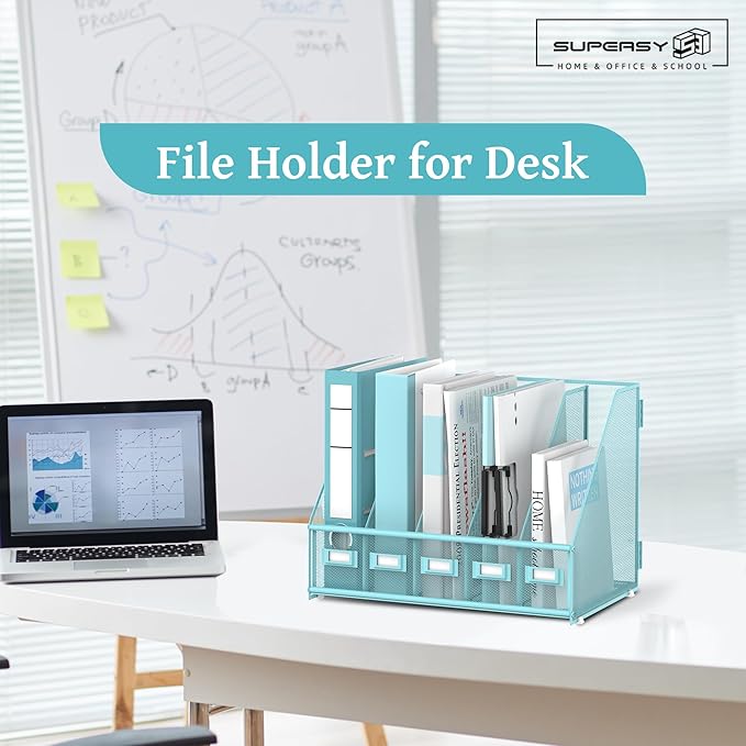 SUPEASY Desk Organizers Metal Desk Magazine File Holder with 5 Vertical Compartments Rack File Organizer for Office Desktop, Home Workspace, Blue Plus