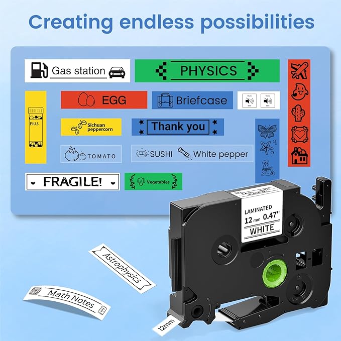 Label Maker Tape Colored Refill Compatible with Brother P-Touch Label Tape TZe 12mm 0.47 Ribbon Laminated TZ Colored Refills TZe-231 for PT-D210 D220 H110 D410 P710BT H111 1070 1880, 6-Pack