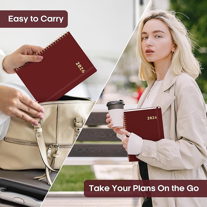 2026 Planner, Weekly and Monthly Calendar Planner Book, January 2026 - December 2026, Hardcover Spiral Planner with Monthly Tabs, Notes Pages, Perfect for Women & Men, A5 (6.4" x 8.5") - Burgundy