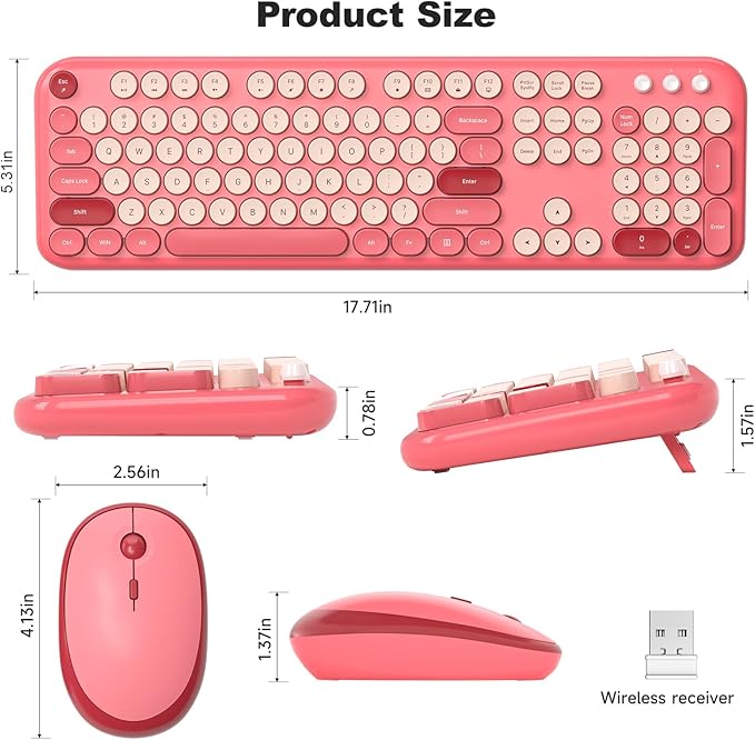 MOFII Wireless Keyboard and Mouse Combo, Cute Keyboard Full Size and Wireless Mouse, 2.4GHz Retro Typewriter Keyboard Wireless Mouse Set for PC/Desktop/Laptop/Windows (Hot Pink)