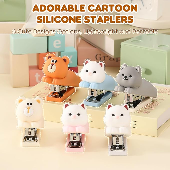 Honagu Mini Cute Animal Stapler with Staples, Cartoon Stereoscopic Silicone (PVC) Stapler, Labor-Saving Office Supplies for Students Kids (Coffee Bear)