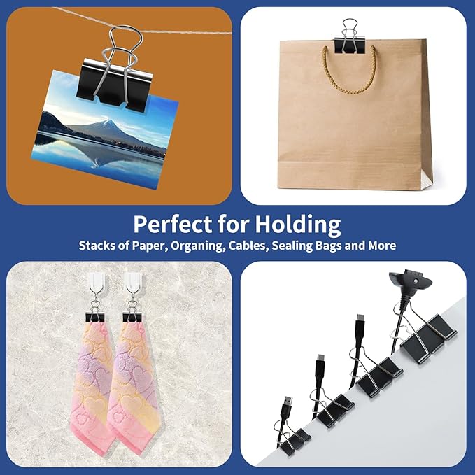 BainGesk 210 PCS Binder Clips Paper Clamps Assorted Sizes, X Large, Large, Medium, Small, Mini and Micro Metal Paper Binder Clips, Black Binding Paperwork Clamp Bulk, Office, School Supplies