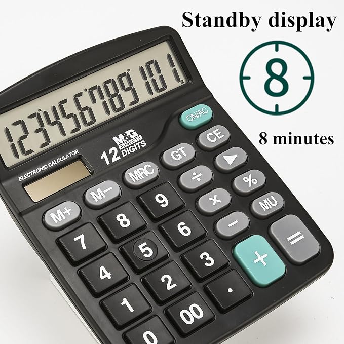 M&G Desk Calculator 12 Digit Office Calculators with Large LCD Display, Dual Solar Power and Battery, Recessed Big Button Calculator for Office Home School (Black, Pack of 5)