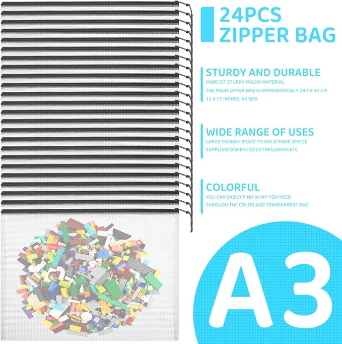 24pcs Mesh Zipper Pouch Bags, Large A3 17x12 Inches Reusable Bags Puzzle Storage Organizer Black Multipurpose for Travel Board Games School Office Supplies and Home Classroom Organization