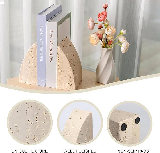Koville Travertine Bookends for Shelves, Large Stone Bookends for Heavy Books, Non-Slip Heavy Duty Book Stopper for CD/Movies, Aesthetic Decorative Book Ends for Bookshelf Table Home Decor(Beige)
