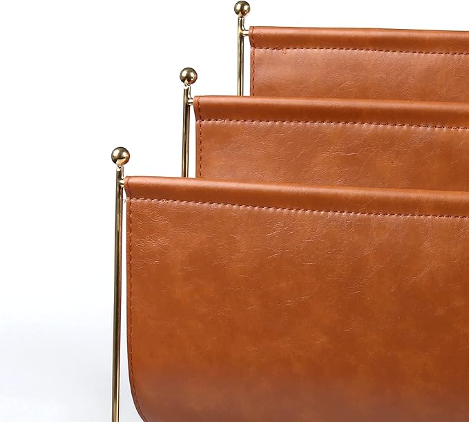 Plated Metal Wire and Leatherette Magazine Holder Rack, 2-Slot Standing Rack for Magazines, Books, Newspapers, Home Staging Decoration