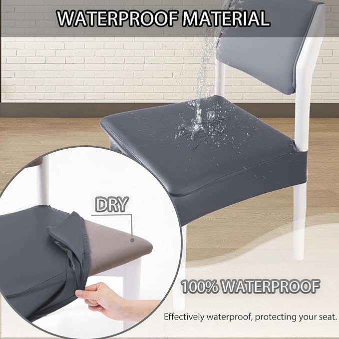 CWK Waterproof PU Leather Dining Chair Covers Set of 1-Stretchable Chair Seat Slipcovers, Removable & Washable Protector for Dining Room,Home,Office,Wedding,Rear Covers (PU-Grey)