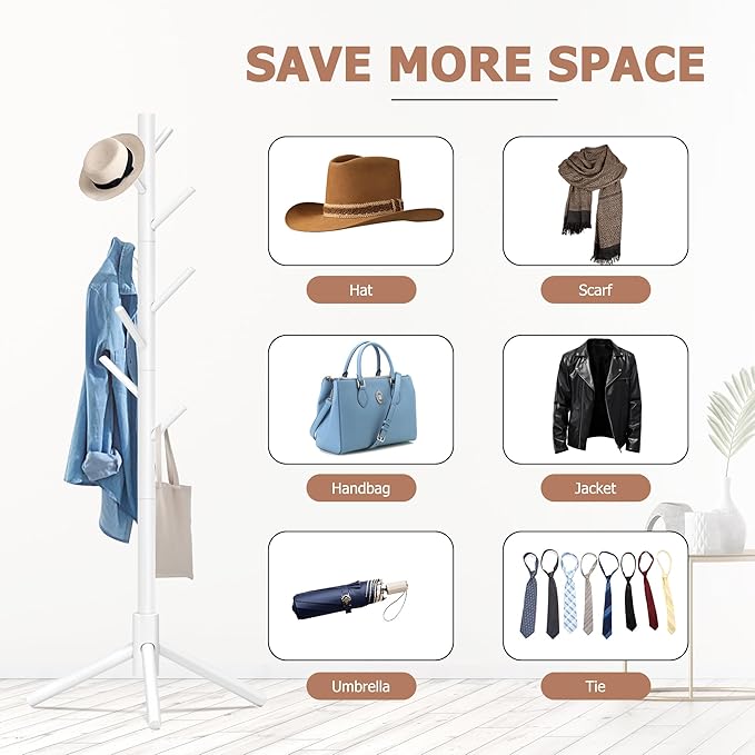 Wooden Coat Rack, Free Standing Coat Rack with 8 Hooks 3 Adjustable Heights for Clothes, Hats, Handbags, Coat Tree Easy Assembly for Entryway, Bedroom, Hallway, Office (New White)