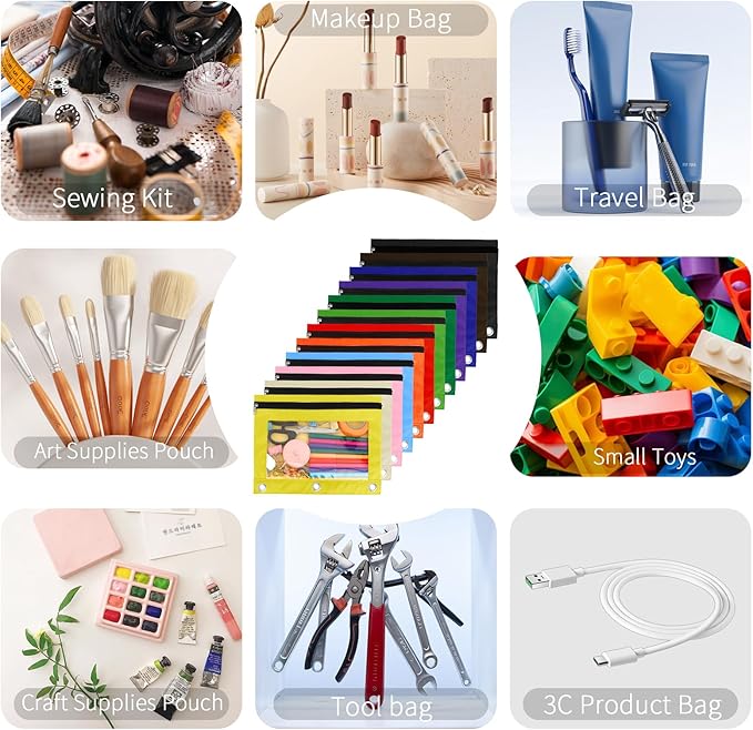 Pencil Pouch for 3 Ring Binder, 12 Pack Pencil Bags with Zipper, Large Capacity Pencil Case for Binder Assorted Color Pencil Case Pouch with Clear Window and Grommets Pencil Pocket for Office Supplies