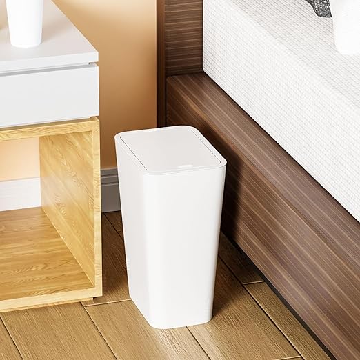 Yieach 12L White Slim Bathroom Trash Can with Lid,3.17 Gallon Pet/Dog Proof Kitchen Trash Can,Rectangle Thin Garbage Can,Covered Waste Basket,Narrow Small Plastic Trashcan for Room,Bedroom,Office,3PCS