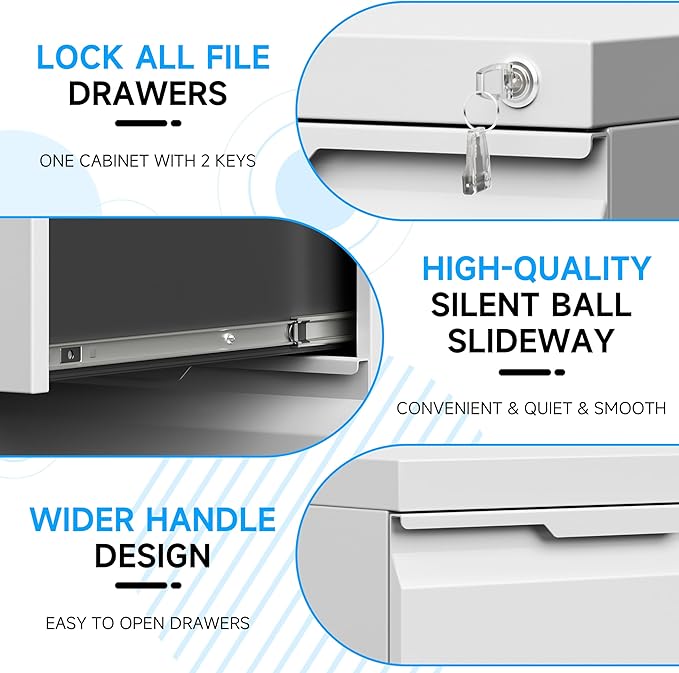 Bestoo 2-Drawer Mobile File Cabinet with Lock, Metal Filing Cabinet on Wheels for Home Office Under Desk, Fits File Folders, Letter/Legal/F4/A4 Size, Assembly Required (White)