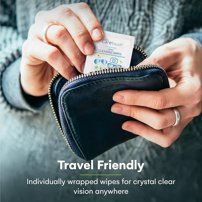 Care Touch Lens Wipes for Eyeglasses- 100 Count Individually Wrapped Pre- Moistened Wipes, 5 x 6 Inch- Camera Lens, Sunglasses and Glasses Cleaner,- Gentle and Portable for Cleaning of Optical Devices