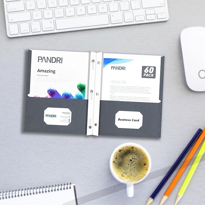 Two Pocket Folders, PANDRI 60 Pack Two Pocket Folders with Prongs, 3 Prong Folders Designed for Office and Classroom, Letter Size Grey