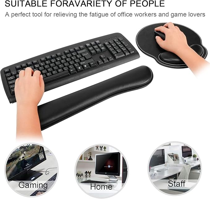 RICHEN Ergonomic PU Leather Keyboard Wrist Rest and Mouse Pad with Wrist Support, Memory Foam Set for Computer/Laptop,Gaming and Office, Comfortable for Easy Typing & Pain Relief (PU Black)