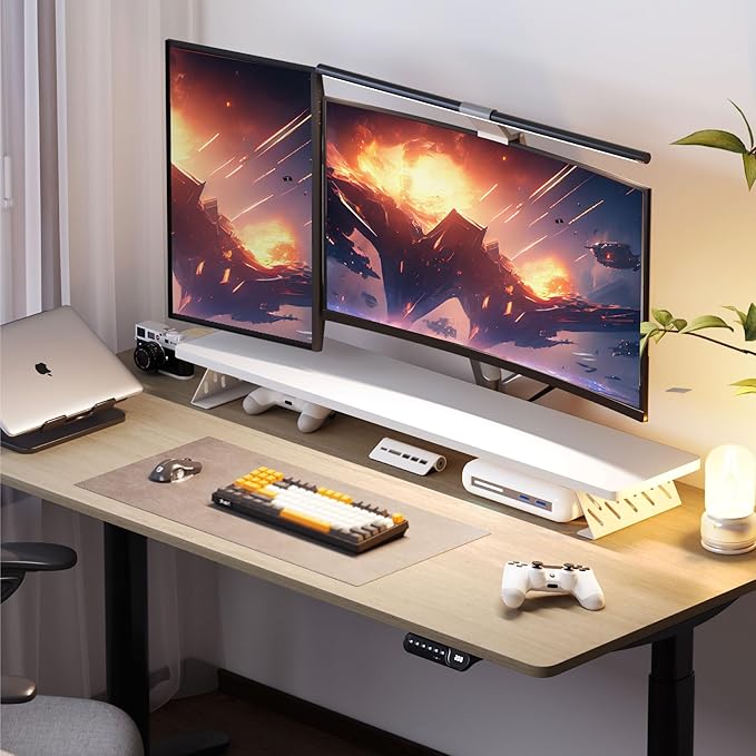 Fenge Dual Monitor Stand Riser, 42.5 Inch Desk Top Shelf for 2 Monitors, Computer Stands for Desk, Wood & Steel Desktop Riser for Laptop, PC, Printer