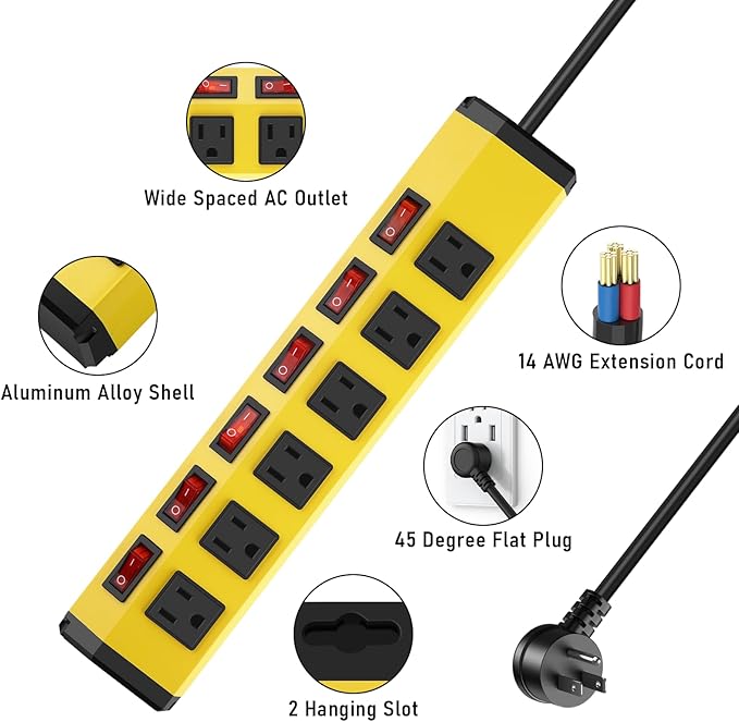ANNQUAN 3PCS 6 Outlet Metal Power Strip with 6 Individual Switches,Heavy Duty Power Strip 1200J 15A 6FT Cord Home Office Industrial Commercial Shop