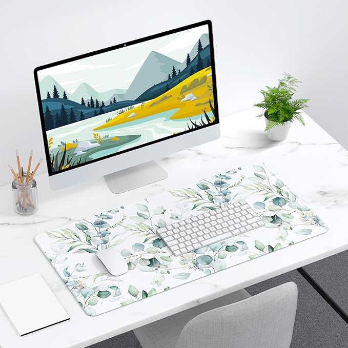 Desk Mat, 32" x 16" XXL Extended Large Gaming Mouse Pad, Desktop Decor Desk Pad, Cute Men Women Office Supplies and Accessories, XL Mouse Mat for Laptop & Keyboard, Minimalism White Flower