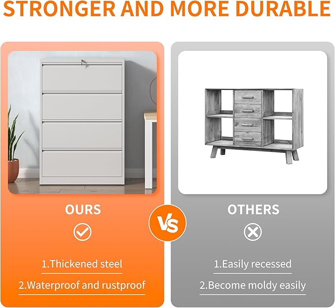 Locking Filing Cabinet with 4 Drawer Heavy Duty Large Metal Cabinet Home Office White Lateral File Cabinets Wide Steel Cabinets for Legal/Letter Size File,Assembly Required