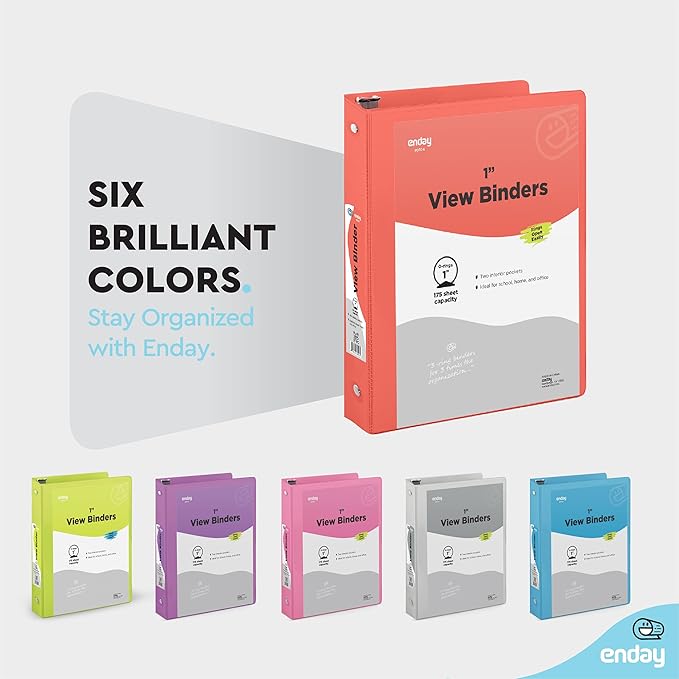 1 Inch 3 Ring Binder 1” Binder Red Clear View Cover with 2 Inside Pockets, Colored School Supplies Office and Home Binders – by Enday