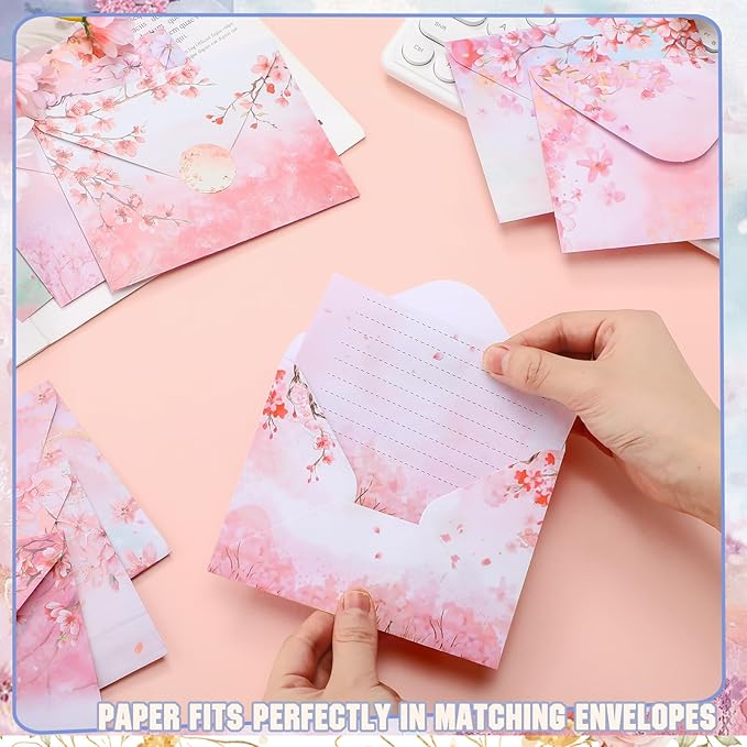 TaoBary 160 Pcs Stationery Paper Set 50 Double Sided Stationery Papers with 50 Matching Envelopes and 60 Round Dot Sticker, 10 Design(Cherry Blossom,5.5 x 8.25 Inch)