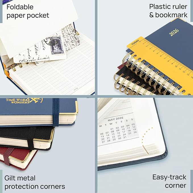 POPRUN 2026 Planner (Medium Size 8.5'' x 6.25'' Wire-Bound Hard Cover) Daily Weekly and Monthly Calendar - Agenda 2026 (Jan.2026-Dec.2026) with Hourly Schedule, Monthly Tabs - Black