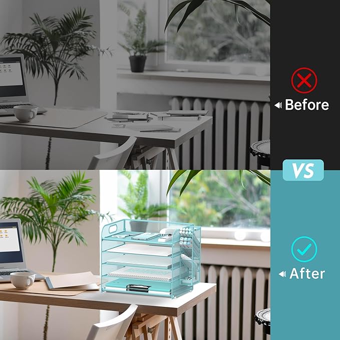 SUPEASY 5 Tier Desk Organizer with Handle & Removable Pen Holders, Mesh Paper/File Organizer for Desk, Paper Letter Tray Organizer for Office Supplies (Blue)