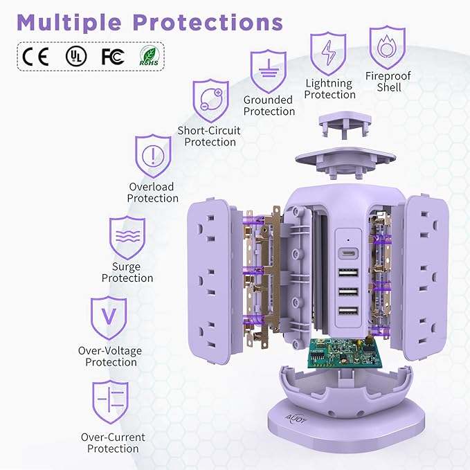 USB C Power Strip Tower, Surge Protector with 12 AC Outlet and 4 USB Ports, AiJoy 10 FT Extension Cord, 1200J Power Strip Surge Protector, USB Charging Station, Office Supplies, Dorm Essentials, Woman