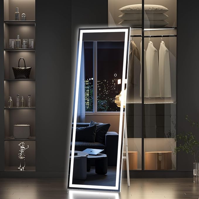 Hasipu Full Length Mirror with Lights, 56" x 15.8" LED Floor Mirror, Full Body Dressing Standing, Hanging Mounted Mirror for Living Room Bedroom Cloakroom, Square Black