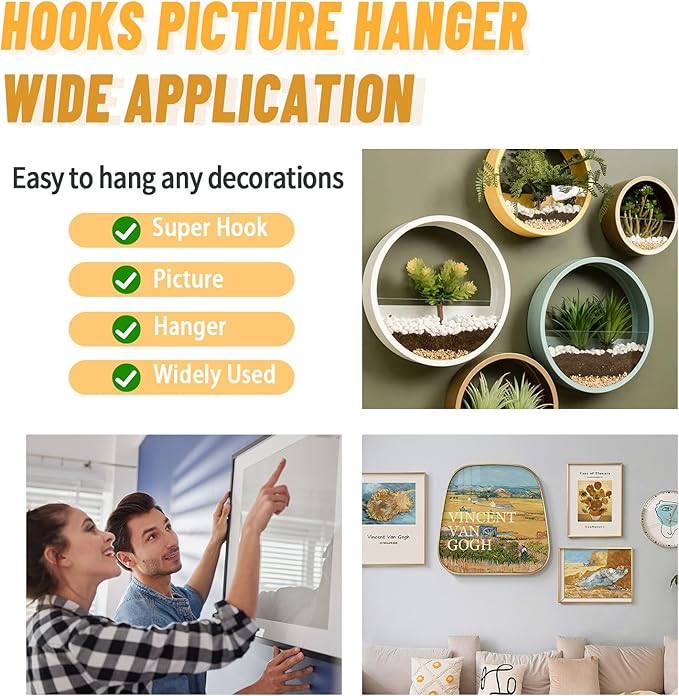 20pcs Aeneous Super Hook Picture Hangers and Office Pack, Drywall Hooks for Hanging Pictures, Wall Hooks, Picture Hangers, Picture Hanging Kit,Hang Art, Clock, Shelves, Mirrors