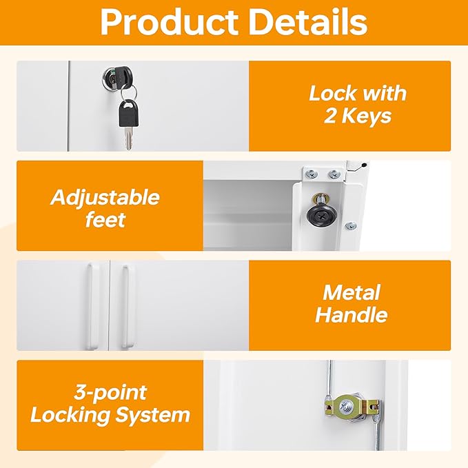 STANI Metal Garage Storage Cabinet with Lock, 71" Steel Lockable File Cabinet, Locking Steel Storage Cabinet with 5 Adjustable Shelves for Home, Office, Warehouse, Garage, School (White)