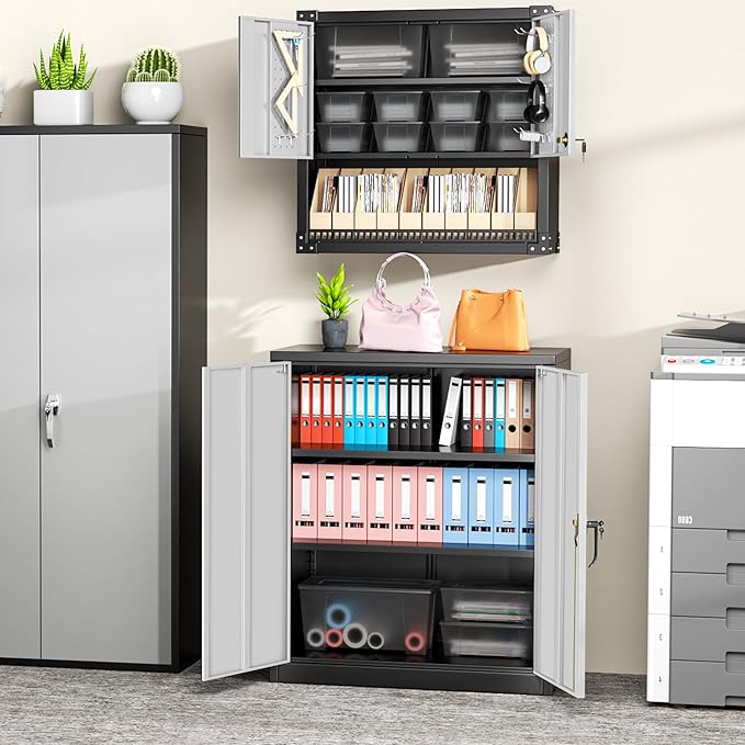 Greenvelly Metal Garage Storage Cabinet, Lockable Metal Cabinets with 2 Doors and Shelves,36” Steel Storage Locking Counter Cabinet for Office,Garage,Kitchen,Home,School(Black Grey)