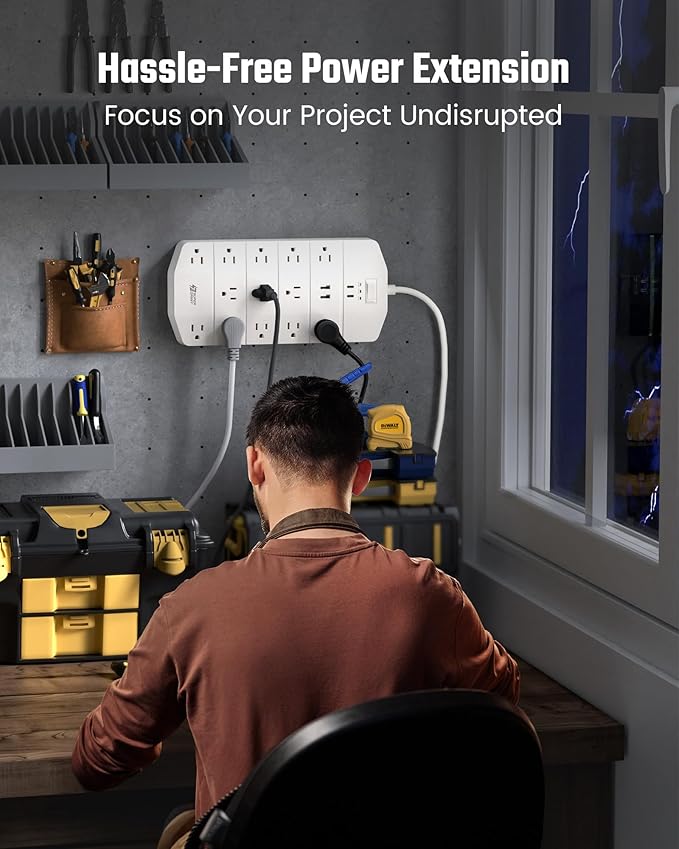 Power Strip,SUPERDANNY 5000 Joules Surge Protector with 13 AC Outlets 2 USB-A & 2 USB-C PD 20W Fast Charging Heavy Duty 14AWG/3C Industrial Grade 6ft Extension Cord for Workbench Home Office White